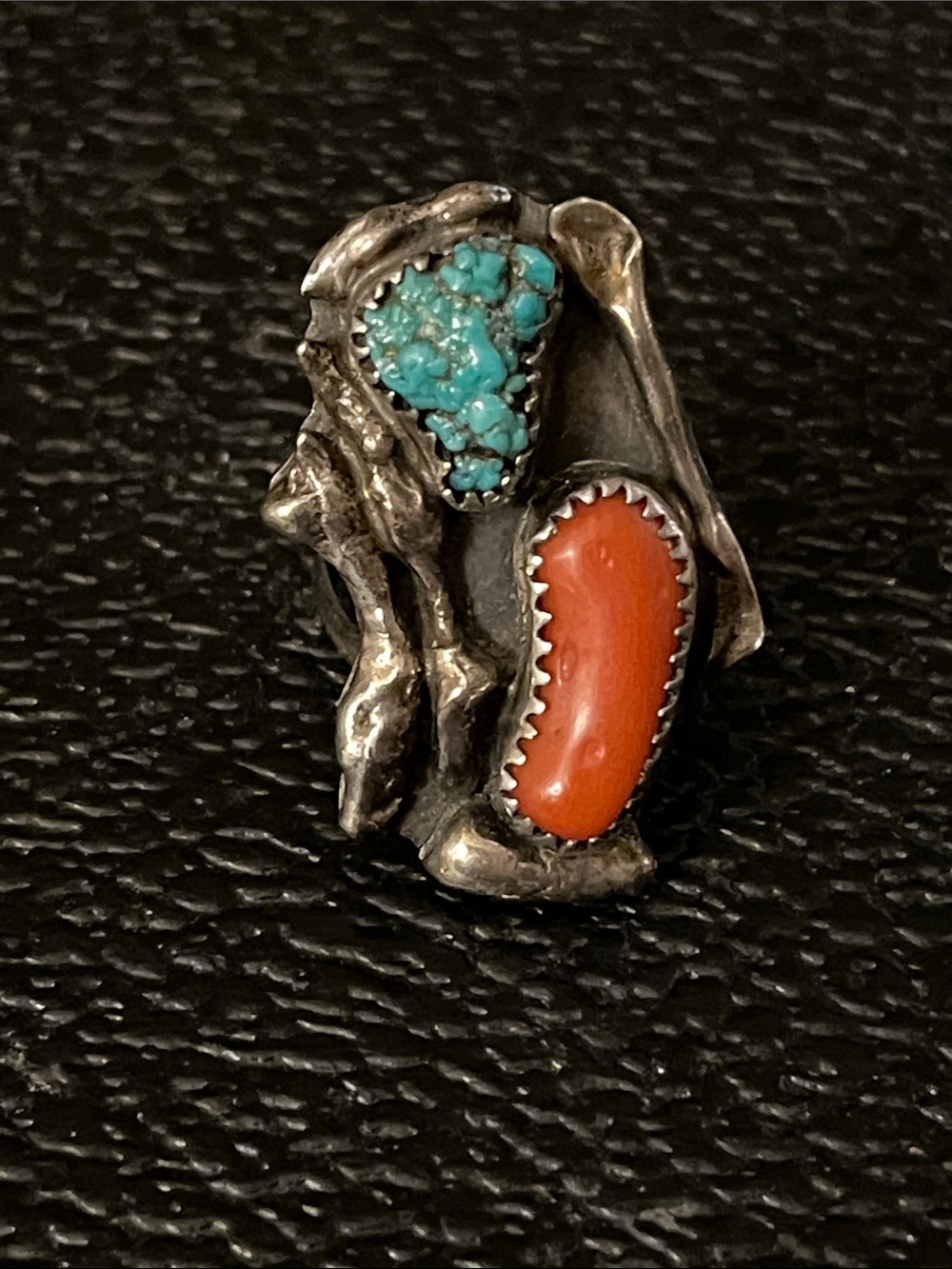 Vintage Native American ring with coral and Turquoise in an unusual setting